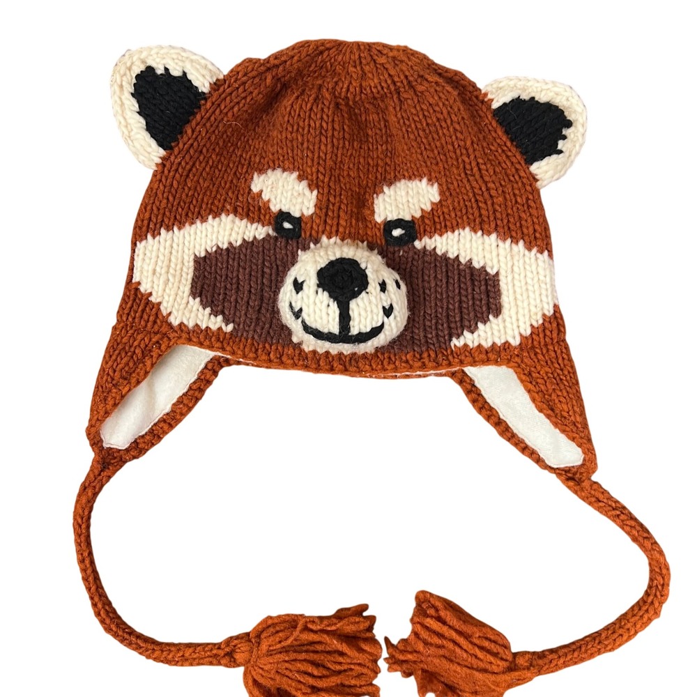 Vive Bien Kids Red Panda Wool Earflap Hat Handcrafted Ecuador Rust Orange Beanie